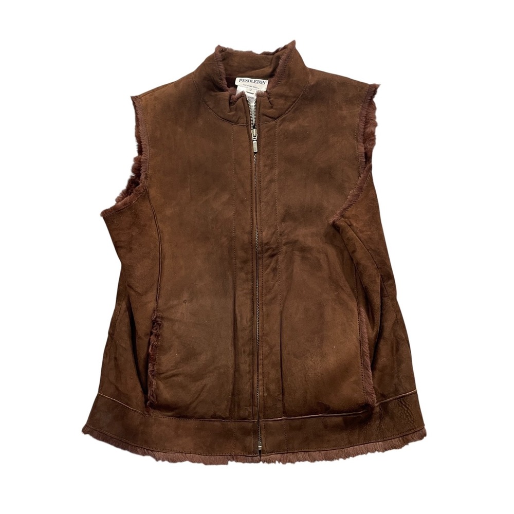 Pendleton Medium Brown Vest 100% Leather Fur Lined Sleeveless‎